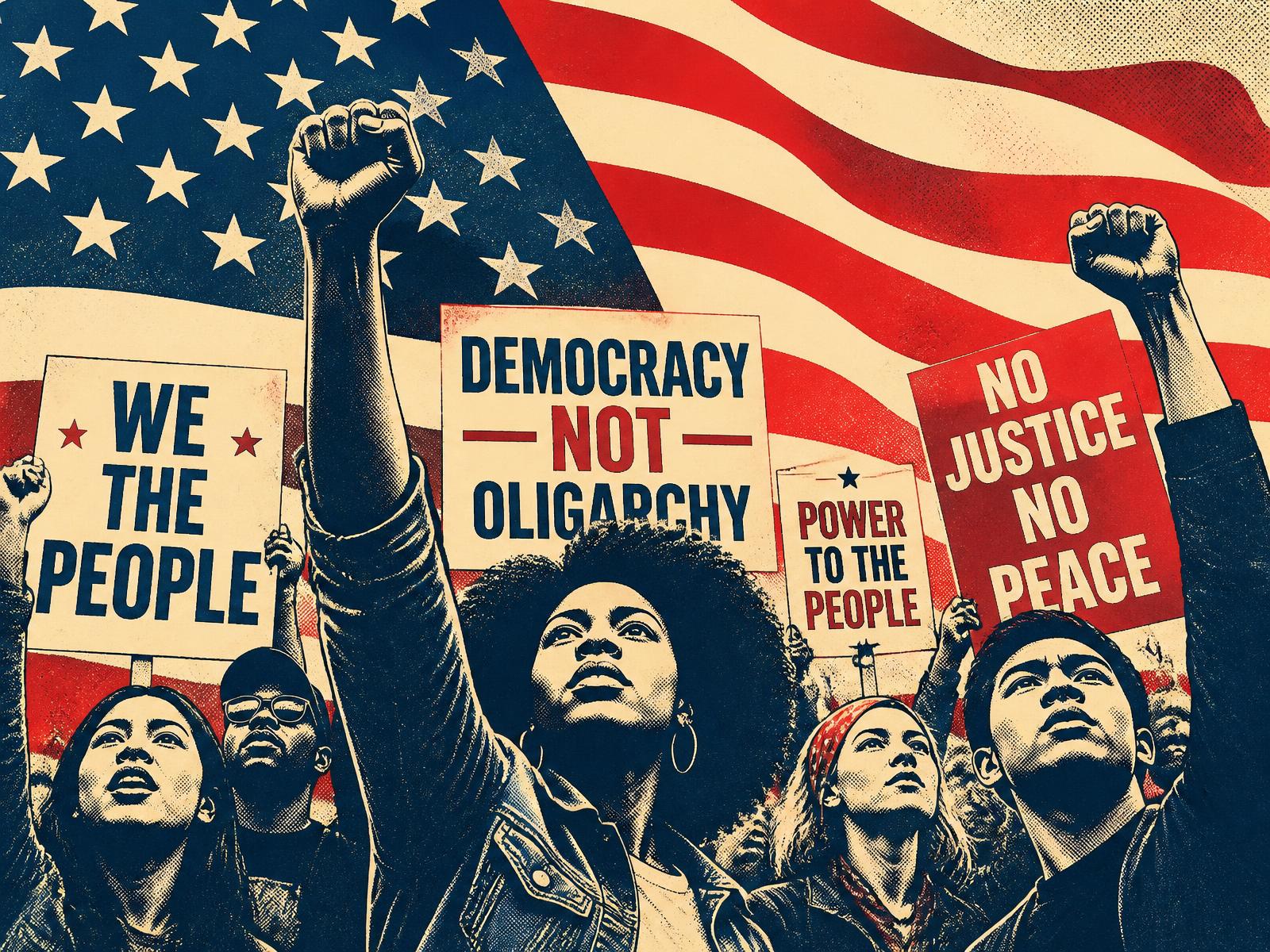 Crowd of protesters raising fists in front of an American flag